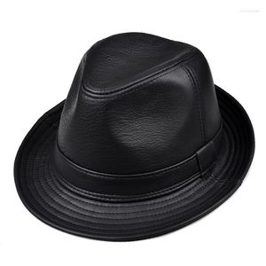 Geniş ağzına kadar kötü şapka moda gerçek deri beyefendi fedora şapka erkekler sonbahar kış katı siyah vintage baba chapeau cowhide panama caz elob22