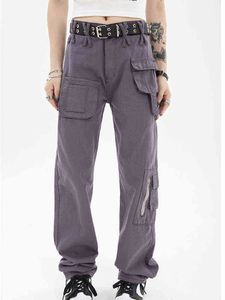 Graue Multi-Pocket-Denim-Cargohose Damen Sommer Neue Retro-Amerikanische Lose Design Hohe Taille Gerade Breites Bein Weibliche Jeans T220728