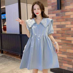 Summer Loose Pregnant Women Dress Kort ärmar Turndown Collar High midje Maternity Aline Dress Blue Pregnont Clothing J220628