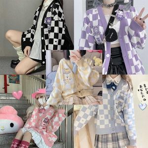 Women's Knits & Tees Sanrioed V Neck Kawaii Sweater Women Winter Pull Femme Anime Cute Kuromied Coat Cartoon My Melodyed Plaid JK Cardigan F