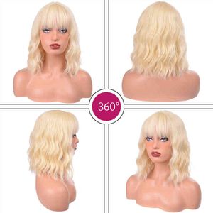 Synthetic Wigs Short Wave Wig with Bangs Blonde Bob for Women Green Black Natural Hair Heat Resistant Cosplay Lolita 220622