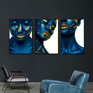 Modern Sexy Women Blue Portait Art Canvas Painting Poster and Print Gold Art Nordic Wall Pictures for Living Room Bedroom Decor