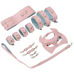 Nxy Sm Bondage 7pcs Pu Leather Restraint Sex Toy Set Handcuffs Collar Mask Erotic Bdsm Bed Adult Games Flriting Kit for Women Man 220423