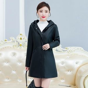 Women Hooded Faux Leather Jacket Ladies Washed Leather Trench Coats Female Long Outerwear Shearling Thick Jacket Plus SIze 201030
