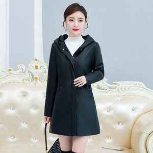 Mulheres com capuz Jaqueta de couro Faux Ladies Washed Leather Trench Coats fêmea de roupas de roupa longa e longa cisalhamento grosso PLATUSS