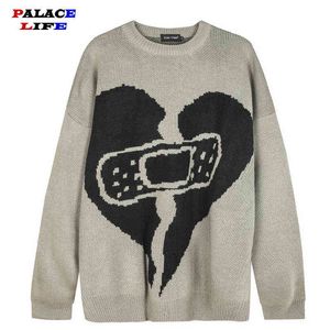 Creative Heart Bandage Sticke Pullover Sweater Men Street Hip Hop 2021 Par Harajuku Casual Sticke Pullover Fashion Top T220730