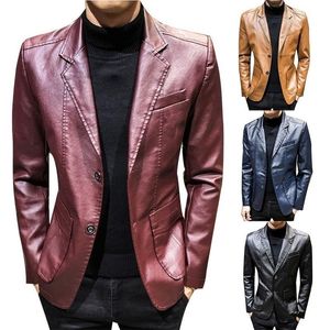 Autumn Winter Coats Jackor Män Solid Color Faux Leather Out Jacket Lång ärm Lapel Blazer Men S Jackor och rockar LJ201013