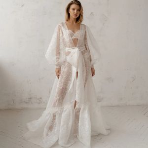 Abiti da ballo bianchi da donna Vestaglia da sposa in tulle Accappatoi a maniche lunghe sexy Scollo a V Servizio fotografico Boudoir su misura Baby Shower