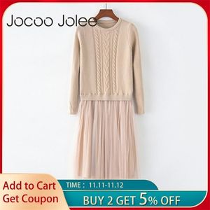 Jocoo Jolee Autumn Winter Dress Elegant Ladies O Neck Long Sleeve Sweater Knitted Midi Dress High Elstic Mesh Warm Women Dress 201111