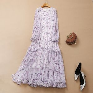 2022 Herbst Herbst Langarm Rundhals Lavendel Chiffon Print Getäfelt Langes Maxikleid Elegante Freizeitkleider 22G032345 Plus Größe XXL