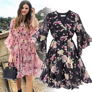 Szyfonowy elastyczna sukienka w talii łuk Linia Kobiet Kobiet Tleeve Flower Print Floral Boho Female Vestido plus size 220521