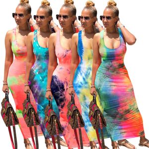 Womens Designer Long Dresses Fashion Sleeveless Tie Dyed Back Bandage Maxi Dress