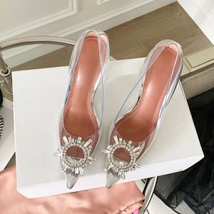 Designer-Designer-Top quality Womens Dress Shoes fashion Transparent PVC sunflower Rhinestone buckle Crystal heel pumps designer sexy