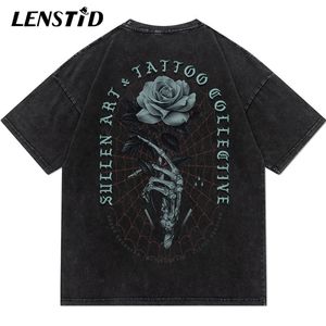 LENSTID Summer Men Washed Short Sleeve Tshirts Hip Hop Rose Skull Hand Print TShirt Streetwear Harajuku Gothic Rock Cotton Tees 220610