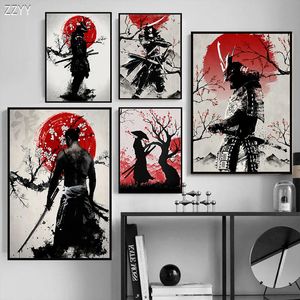 Carteles y estampados de tinta japoneses Japón Samurai Art Canvas Pintura de arte de anime de arte para la sala de estar Decoración del hogar