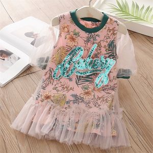 Summer Design 3 4 5 6 8 10 12 Years Lace Patchwork Flower Glitter Print Half Sleeve Cotton Lining Dress For Kids Girls 220521