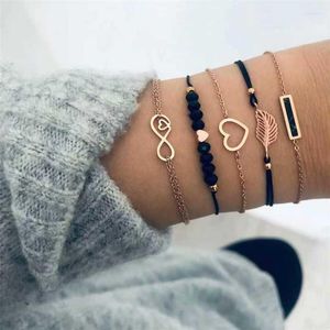 Fios com miçangas LXY-W Moda vintage de penas douradas em forma de coração Black Geométrico Bracelete de Pedras Geométricas para Mulheres Boho Cadeia Jóias Multilizadas FA