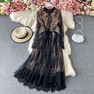 Spring summer new women's eyelash lace long sleeve high waist maxi long dress party vestidos SMLXLXXL