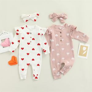 Infant Baby Girls Two-piece Clothes Set Heart Print Long Sleeve Crew Neck Romper and Bow Knot Headdress Pink/ White 220525