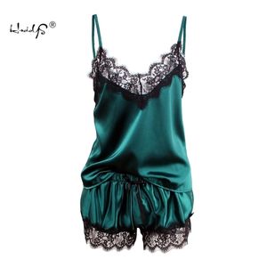 Women's Sleepwear Sexy Satin Pajama Set White Lace V-Neck Pyjamas Sleeveless Cute Cami Top and Shorts 210713