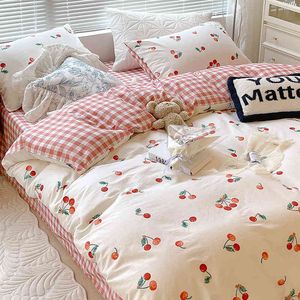 Kawaii Cherry Hearts Bettwäsche-Set für Zuhause, Baumwolle, Twin Full Queen Size, süßes Doppelbett, Spannbetttuch, Kissenbezüge, Bettbezug