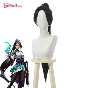 L-EMAIL WIG VALORANT SAGE COSPLAY WIG 80cm نساء أسود طويل مع ذيل الحصان الاصطناعي Halloween220505