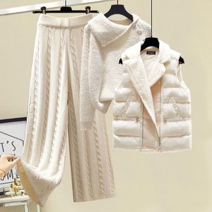 Women's Two Piece Pants Plus Size Winter Warm 3 Set Women Pullover Sweater + Wide Leg +Lamb Wool Vest Knitted Suit Tracksuit Clothes