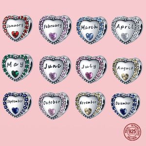 925 Silver Fit Original Charms Diy Pendant Women Armband Pärlor 12 månaders Birthstone Charms Heart