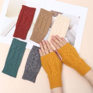 Five Fingers Gloves Fashion Twist Pattern Lady Fingerless Women Men Knitted Black Wool Half Finger Computer Mittens Warm