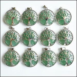Charms Jewelry Findings Components Natural Stone Tree Of Life Green Aventurine Pendants Chakras Gem For Dhhzo