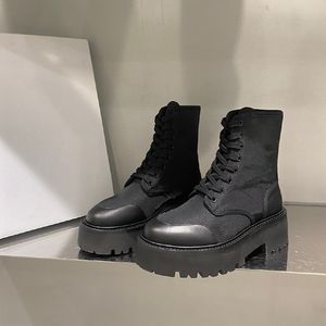 Damen Schwarze klobige Plateaustiefel Leder Schnür-Designer-Stiefeletten Luxus-Nylon-Wüstenstiefel Rundkopf-Kampfstiefel mit BOX NO396