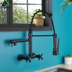Rozin Black Kitchen Faucet Dual Handles Cold Water Mixer Tap Wall Mounted Swivel Spout Spring Pull Down Faucets 220722