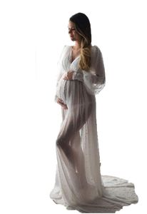 New Prom Dresses Photo Shoot Gowns Maternity Lace Beads Photoshoot V-Neck Long Sleeves Pregnant Photography Props Baby Shower Dress