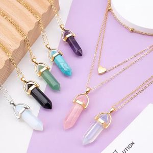 Fashion Opal Stone Hexagonal Column Rose Quartz Necklaces for Women Natural Crystal Pendant Necklace Bohemian Statement Jewelry Gift