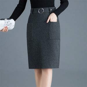 Осеннее зимнее прибытие Черная шерстяная юбка OL Высокая талия для эластичной юбки Женская карманная юбка с ремнем 210311