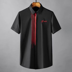 Summer Cotton Men's Shirts Luxury Embroidery Short Sleeve Casual Black Male Dress Shirts Slim Fit Red Striped Man