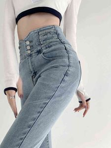 2022 frauen Vintage Dünne Tasten Hohe Taille Bleistift Jeans Koreanische Mode Streetwear Slim Fit Stretch Denim Hosen Engen Hosen l220726