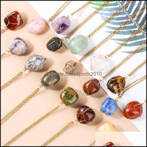 Konst och hantverk Irregar Round Natural Stone Pendant Necklace Amethyst Lapis Rose Quartz Crystal Gold Wrap Wire Halsband Sport2010 DHMU2