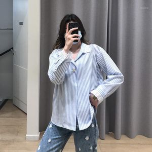 Kvinnorjackor S Family Fadan 2022 Spring and Summer Lace Patchwork Collar Pinstripe Shirt Långärmad blus