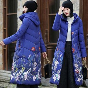 Women's Trench Coats Plus Size Vintage Flowers Printed Down Cotton Jacket Women 2022 Winter Hooded Warm Chinese Style Padded Coat Parka S158