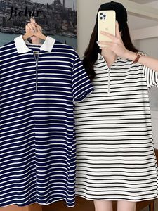 Jielur Koreanische Mode Baumwolle Frauen Kleid Kurzarm Sommer Lose Marineblau Weiß Gestreiften Polo Kleider Lange Top Weibliche SXL 220615