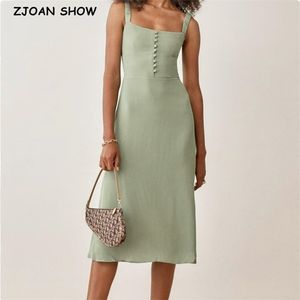 Vintage French Style Mint Green Elastic Strap Midi Dress Retro Sexy Women Sleeveless Sling Dress Holiday Tank Robe 220511