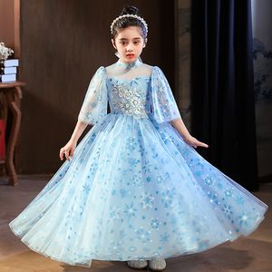2022 Uzun Kollu Küçük Kızlar Pageant Elbiseleri Siyah Açık Mavi Paketli Mücevher Çiçek Kız Elbiseler Gençler İçin Resmi İlk Kutsal Komünyon Elbiseleri
