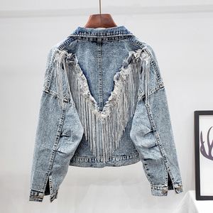 New cool moda donna colletto rovesciato manica lunga jeans denim posteriore paillette nappa patchwork giacca plus size cappotto SMLXL