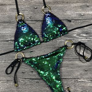 Katı Bikini Seksi Mayo Halter Mayo Mayo Kadınlar Bling Pullu Set Plaj Kıyafeti Damla Monokini Glitter 220414