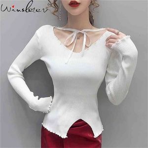 Kvinnor T -skjortor Solid Knit Stretchy Tshirt Casual Topps Female Tee Korean Simple Long Sleeve T Shirt för vårens Autumn T07711b 210421