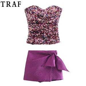 TRAF Sequin Top Top Women Sexy Corset Top Off Top Tube Top Top женская без рукавов без рукавов рюши