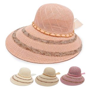 Kvinnors breda randen hattar Halva brimta solskuggningshatt med silkband Elegant Bowknot Straw Hat