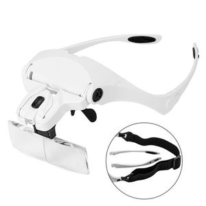 Portable Head Wearing Magnifying Glass Lens Eyeglass Interchangeable Mount Bracket Headband Magnifier with 2 LED Lights 5 Lenses