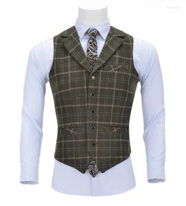 Men's Vests Tweed Mens Business Plaid Wool Army Green Vest Slim Fit Single-breasted Cotton Suit Waistcoat For Wedding Groomsmen Phin22